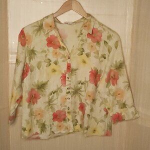 JM Collection Womens Petite Floral Linen Button Down 14P